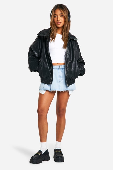 Petite Pu Seam Detail Oversized Bomber Jacket - Image 3