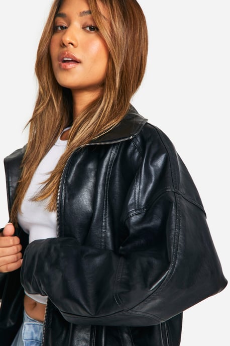 Petite Pu Seam Detail Oversized Bomber Jacket - Image 4
