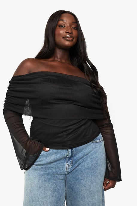 PLUS MESH BARDOT LONG SLEEVE TOP - Image 1