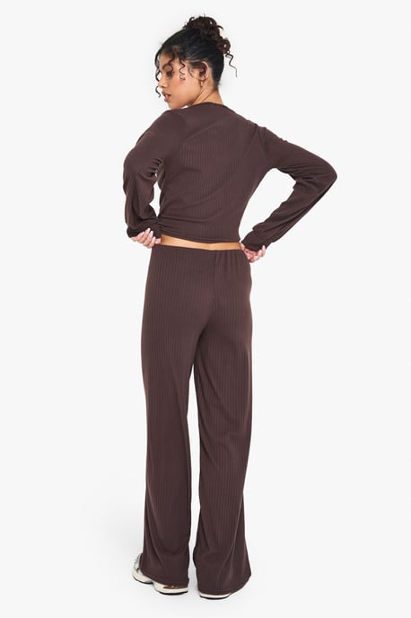 RIB WRAP OVER TIE DETAIL TOP & TROUSER SET - Image 2