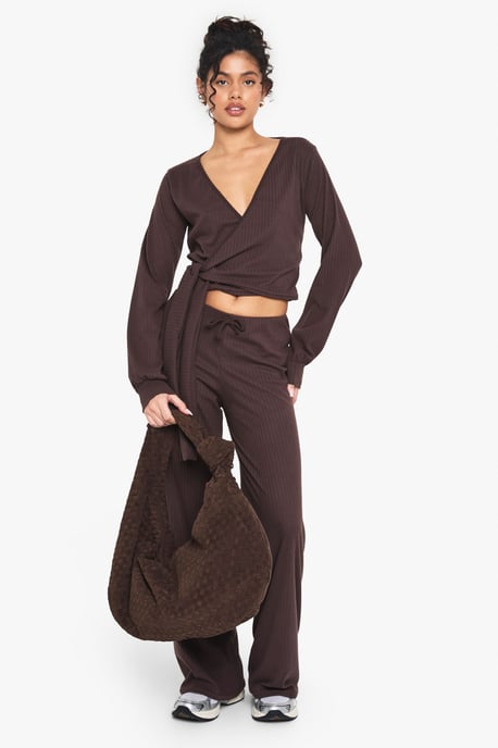 RIB WRAP OVER TIE DETAIL TOP & TROUSER SET - Image 3