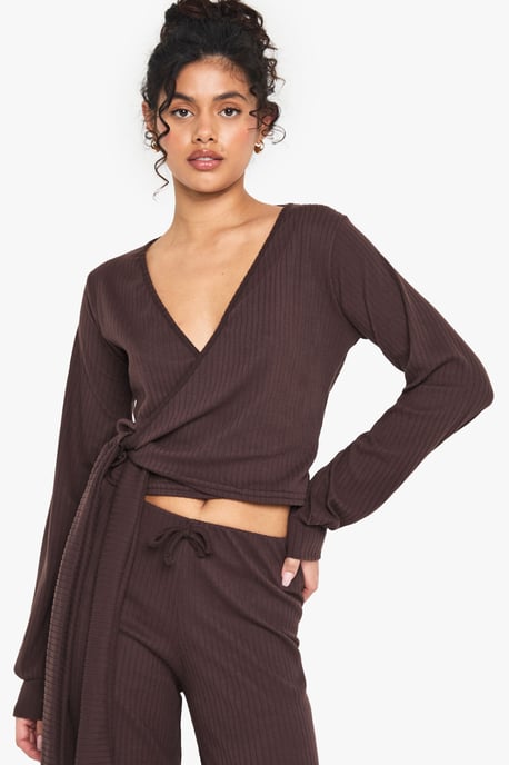 RIB WRAP OVER TIE DETAIL TOP & TROUSER SET - Image 4