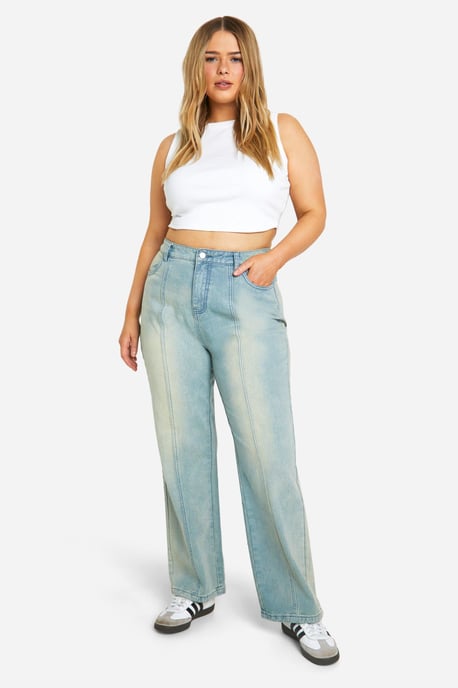 Plus Bleach Wash Cut And Spliced Bum Detail Jeans - Image 1
