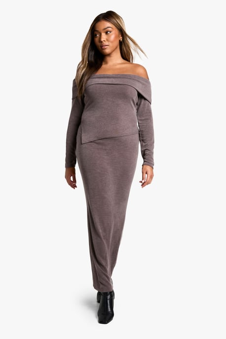 Plus Two Tone Rib Off Shoulder Top & Maxi Skirt Co Ord - Image 1