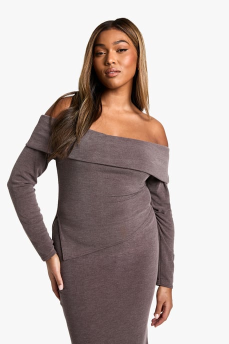 Plus Two Tone Rib Off Shoulder Top & Maxi Skirt Co Ord - Image 4