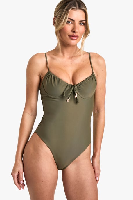 Shell Trim Ruched Cup Tie Front Underwired Swimsuit - Image 1
