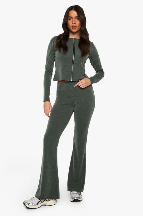 2 Tone Rib Zip Up Top & Flared Trouser - Image 1
