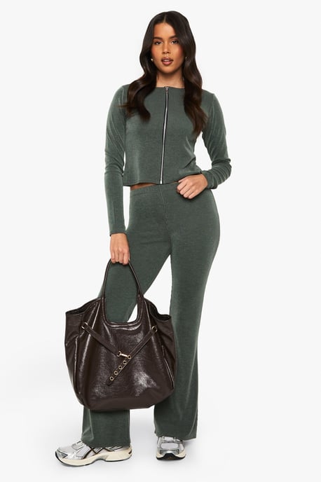 2 Tone Rib Zip Up Top & Flared Trouser - Image 3