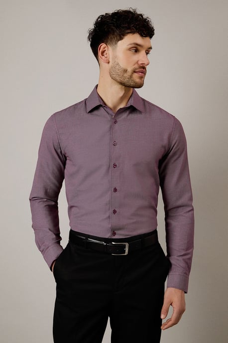 Burgundy Textured Slim Fit Shirt - Image 1