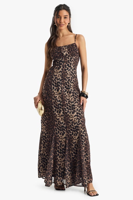 Leopard Printed Godet Hem Slip Dress - Image 1