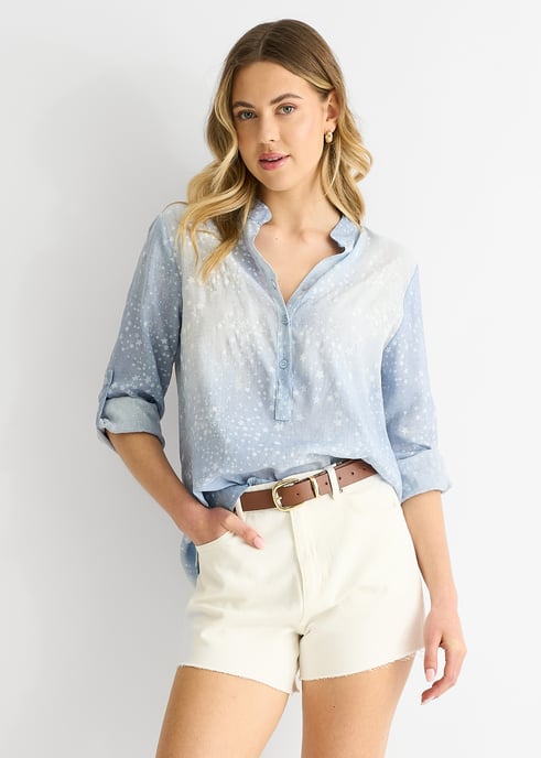 Blauwe denim look oversized top met opgerolde mouwen - Image 1