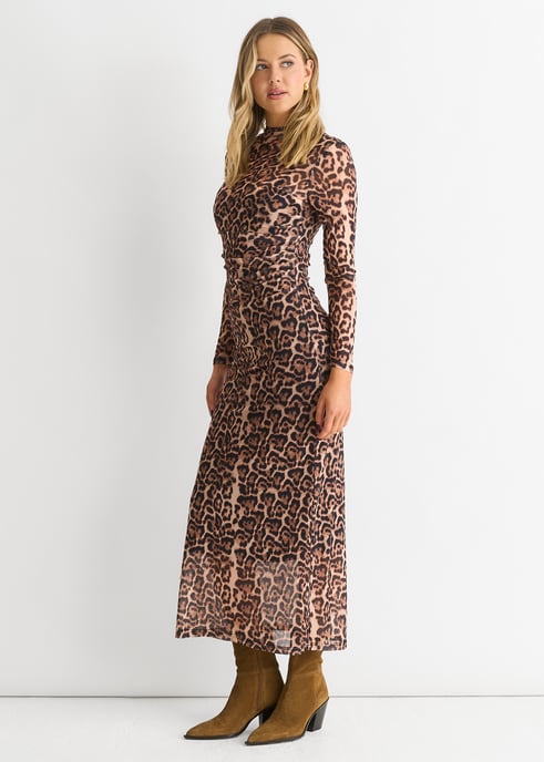 Brown Mesh Animal Print Jersey Maxi Dress - Image 4