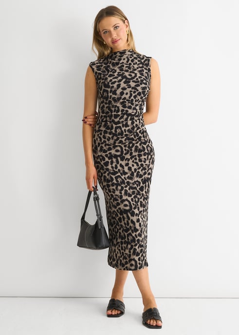 Grijze midi-jurk met dierenprint en ruches - Image 1