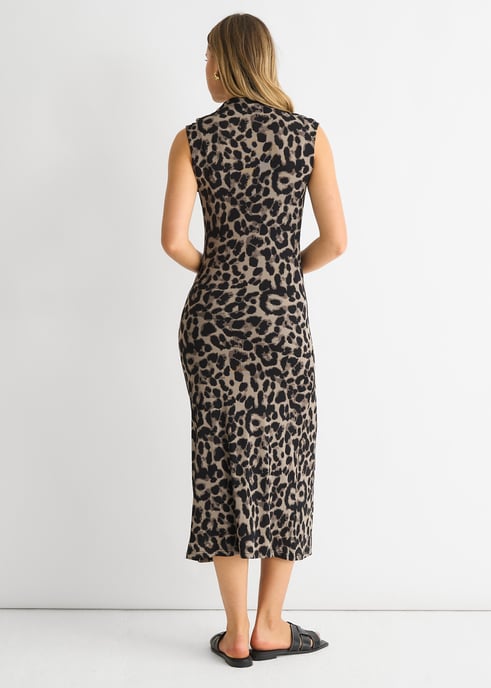 Grijze midi-jurk met dierenprint en ruches - Image 2