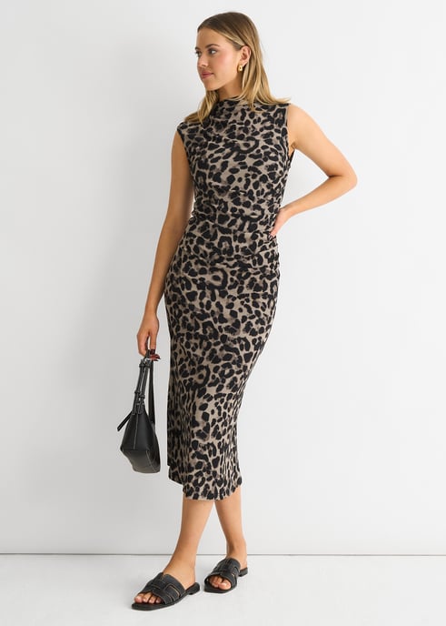 Grijze midi-jurk met dierenprint en ruches - Image 3