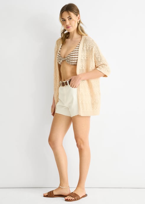 Beige Crochet Knit Edge to Edge Cardigan - Image 1