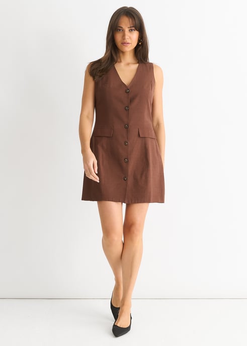 Chocolate Linen Button Through Mini shirt Dress - Image 1
