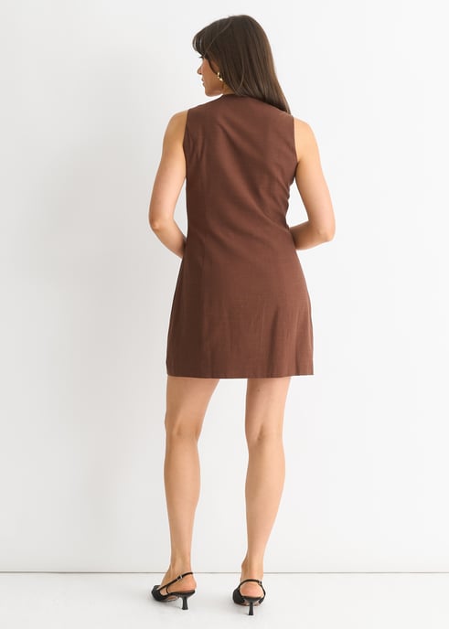 Chocolate Linen Button Through Mini shirt Dress - Image 2