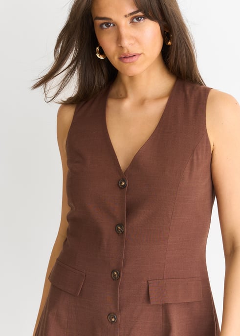 Chocolate Linen Button Through Mini shirt Dress - Image 3