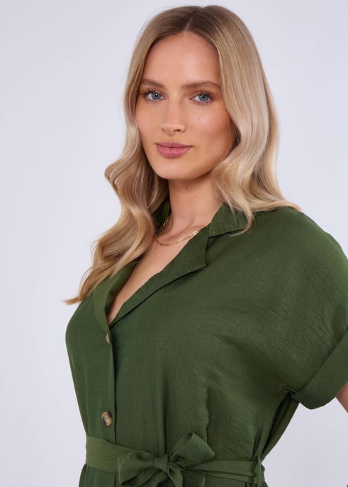 Khaki Utility Belted Oversized Viscose Shirt Dress - Image 3