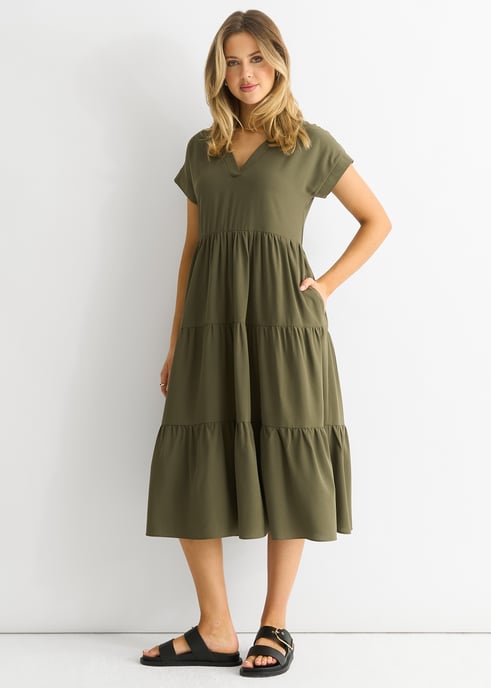 Khaki V Neck Pocket Smock Midi Dress - Image 1