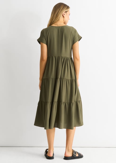 Khaki V Neck Pocket Smock Midi Dress - Image 2