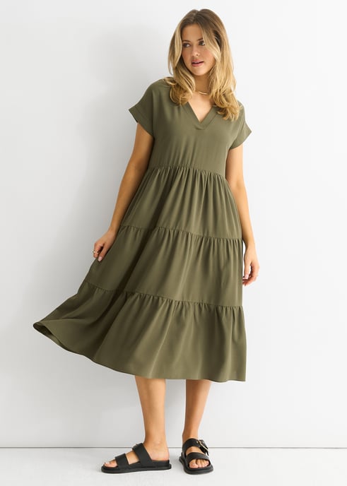 Khaki V Neck Pocket Smock Midi Dress - Image 4