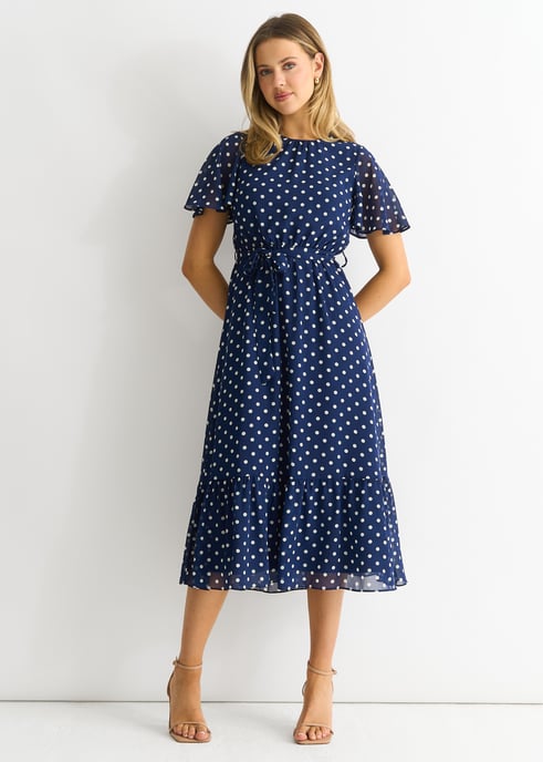 Navy Spot Chiffon Angel Sleeves Midi Dress - Image 1