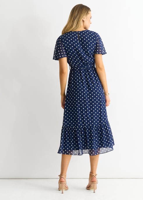 Navy Spot Chiffon Angel Sleeves Midi Dress - Image 2