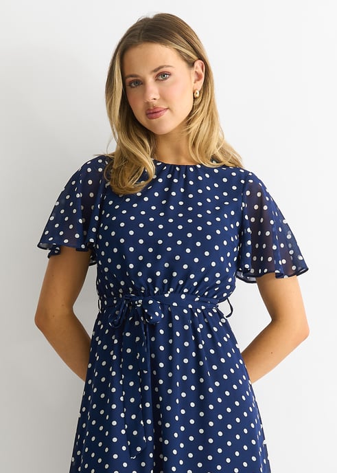Navy Spot Chiffon Angel Sleeves Midi Dress - Image 3