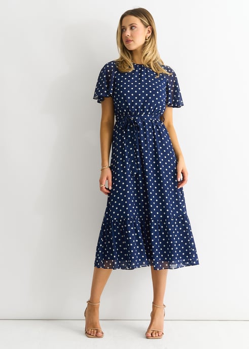 Navy Spot Chiffon Angel Sleeves Midi Dress - Image 4