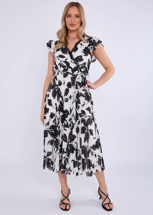 Lace Trim Mono Pleated Wrap Midi Dress - Image 1