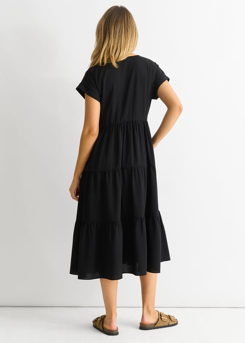 Cuello en V Negro Bolsillo Smock Vestido Midi - Image 2