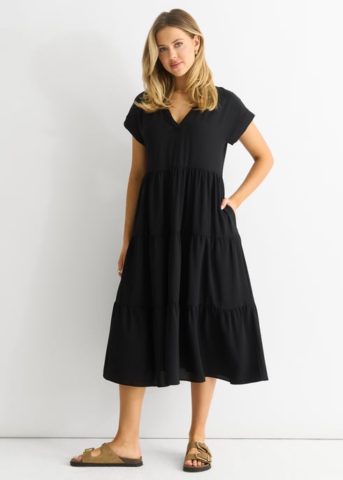 Cuello en V Negro Bolsillo Smock Vestido Midi - Image 4