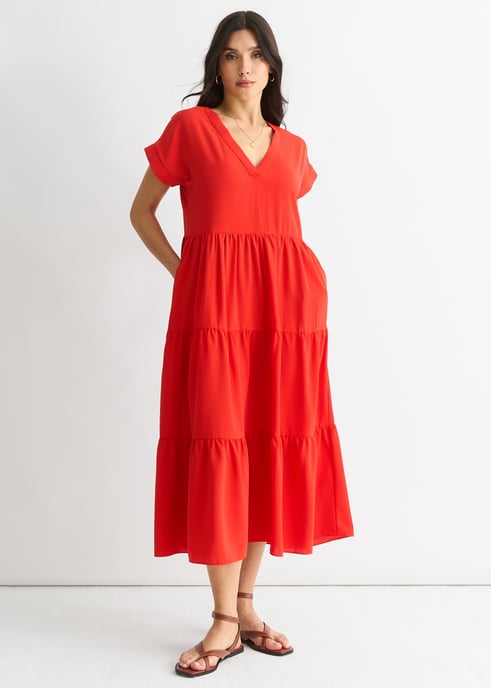 Red V Neck Pocket Smock Midi Dress - Image 1