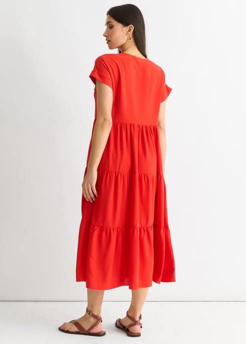 Red V Neck Pocket Smock Midi Dress - Image 2