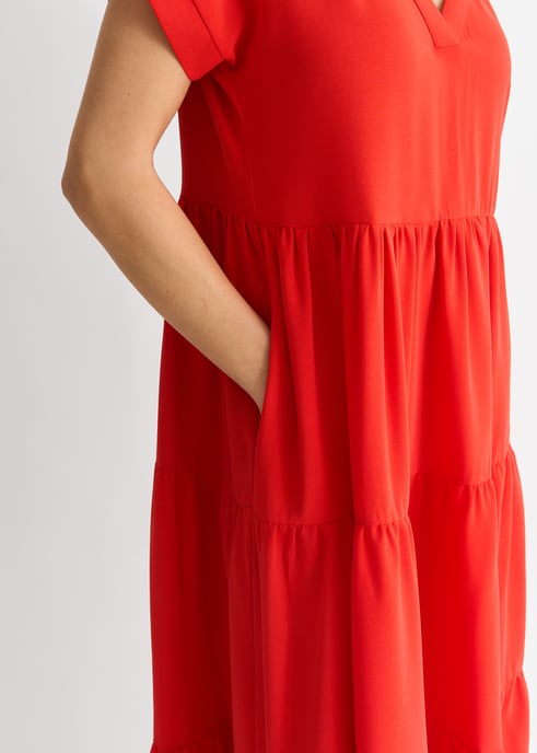 Red V Neck Pocket Smock Midi Dress - Image 3
