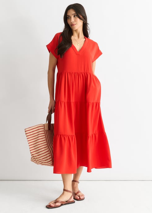 Red V Neck Pocket Smock Midi Dress - Image 4
