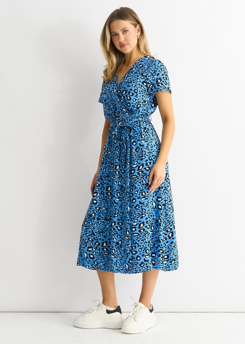 Short Sleeve Animal Print Wrap Front Midi Dress - Image 1