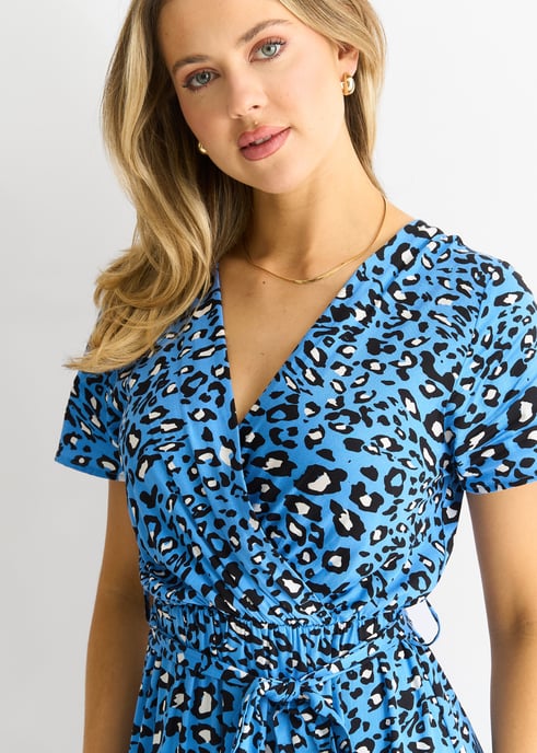 Short Sleeve Animal Print Wrap Front Midi Dress - Image 3