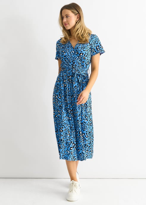 Short Sleeve Animal Print Wrap Front Midi Dress - Image 4