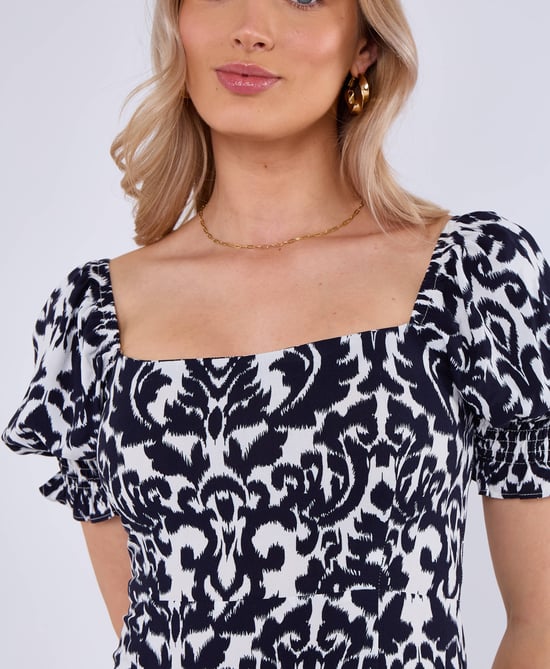Navy Puff Sleeves Split Viscose Midi Dress - Image 3