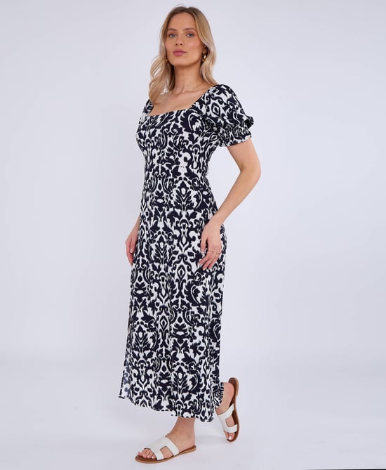 Navy Puff Sleeves Split Viscose Midi Dress - Image 4