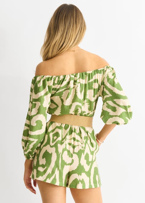 Grön Abstrakt Bardot Playsuit med bälte i viskos - Image 2