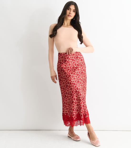 Red Floral Lace Trim Bias Midi Skirt - Image 1