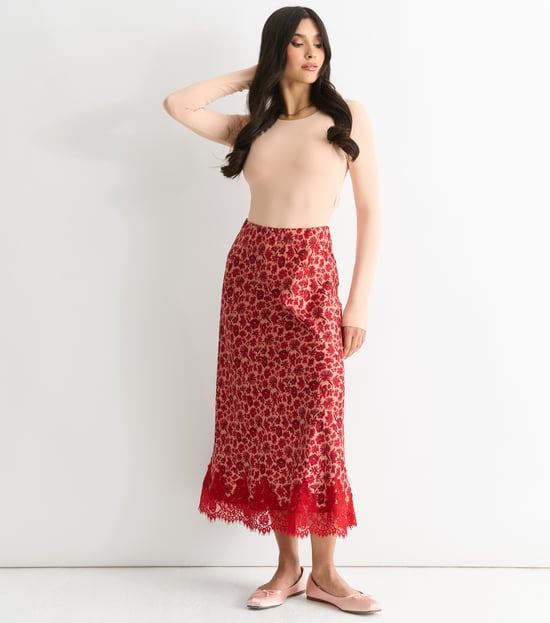 Red Floral Lace Trim Bias Midi Skirt - Image 4