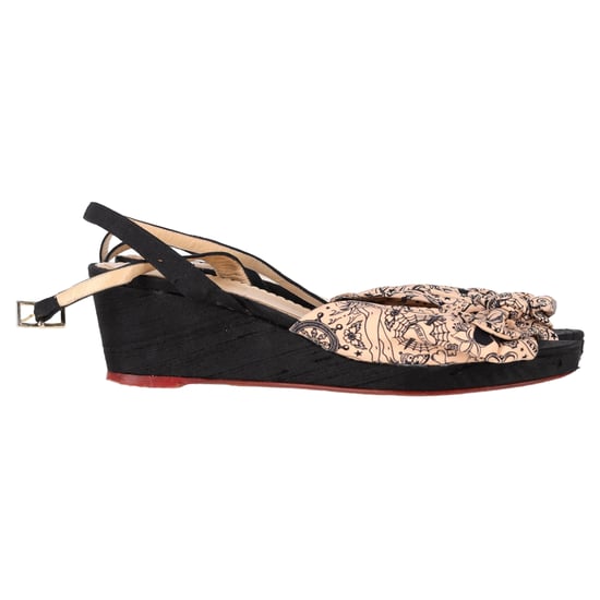 Charlotte Olympia Printed Bow Wedge Sandals in Peach Satin - Image 1