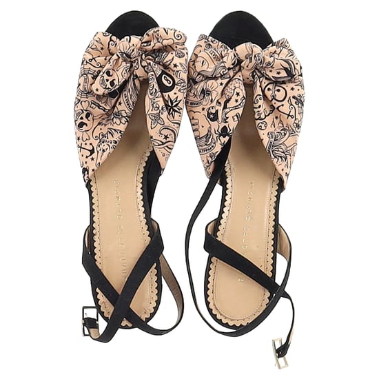 Charlotte Olympia Printed Bow Wedge Sandals in Peach Satin - Image 3