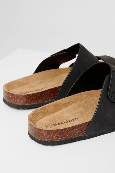 Black Faux Suede Two Strap Sandals - Image 4