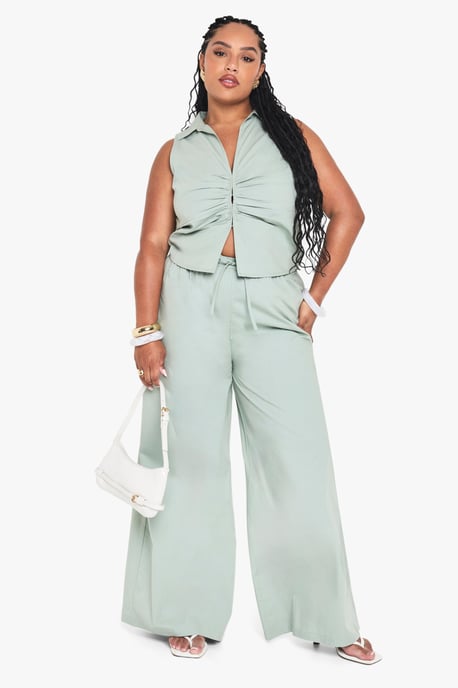 Plus Drawstring Waist Poplin Wide Leg Trouser - Image 1